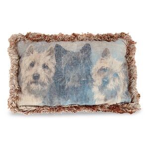 Vintage Dog Print Pillow with Fringe & Golden Velvet Back
